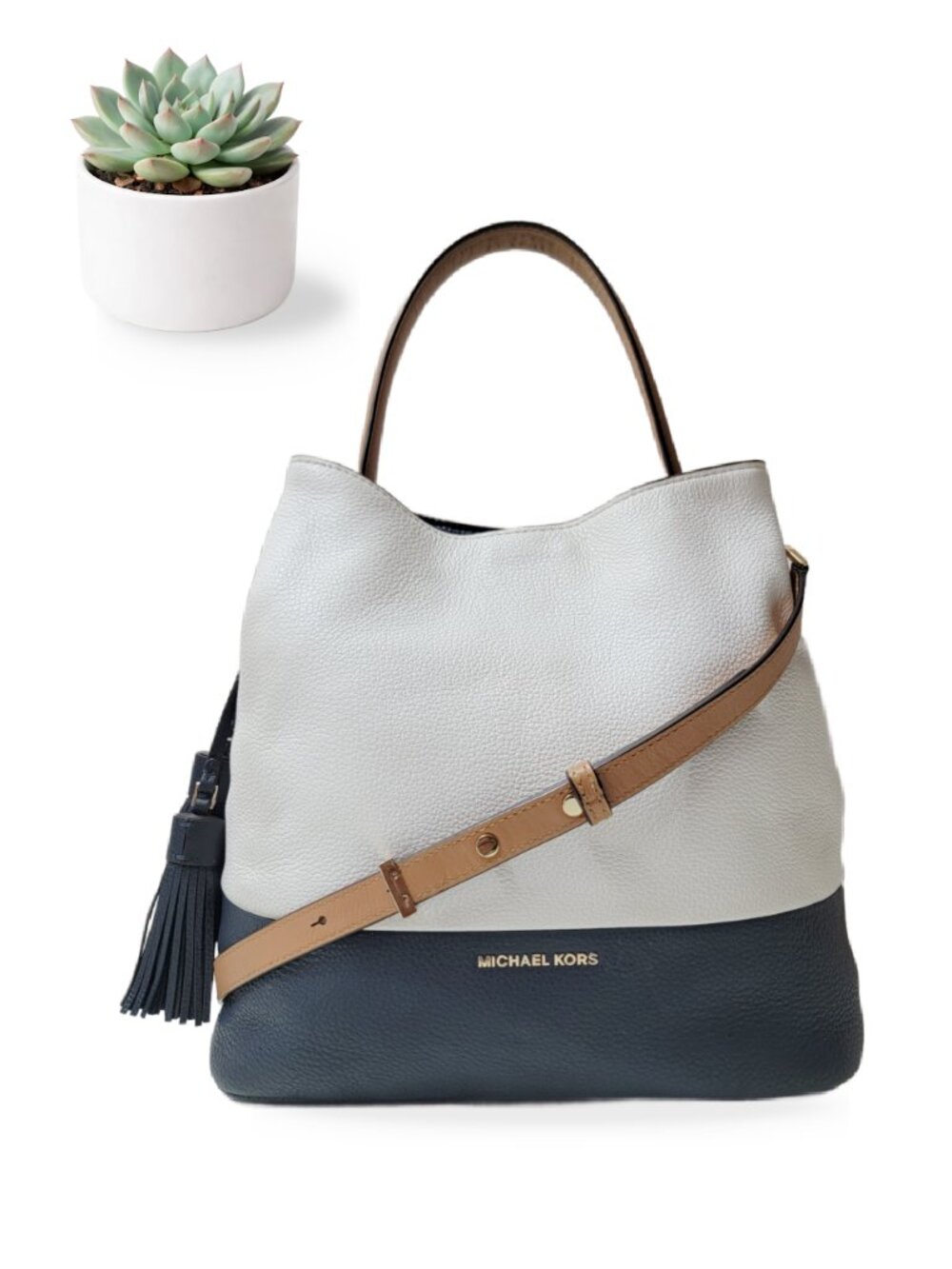 Michael Kors Navy Blue Handbag Kip Large Bucket Bag Optic White Colorblock Purse